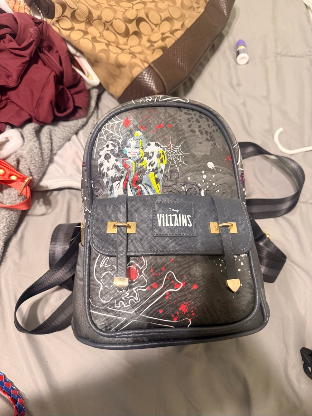 Loungefly Disney Villains Gray Mini Backpack with Multicolor Artwork